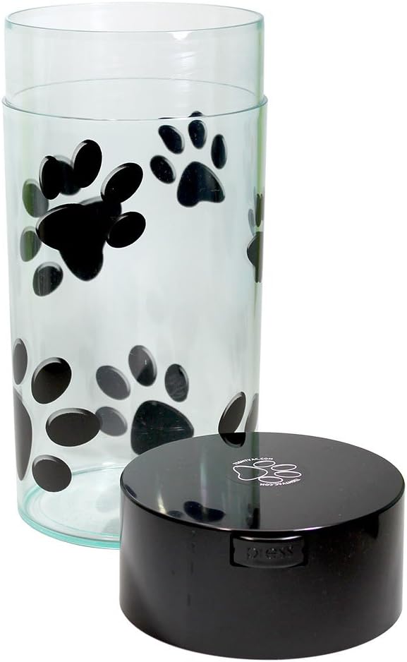 Pawvac 5 to 24 Ounce Vacuum Sealed Pet Food Storage Container; Black Cap & Clear Body/Black Paws