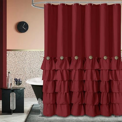 Seasonwood Burgundy Shower Curtain with Nature Buttons Ruffle Shower Curtains Farmhouse Shower Curtain for Bathroom 72" W x 78" L,Burgundy/Red