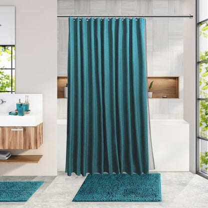Clara Clark Bathroom Accessories Set - Bathroom Set with Adhesive Corner Shower Caddy Hanging, 25PC Bathroom Accessory Set, Teal Shower Curtain Set, Toilet Brush, Trash Can & Soap Dispenser