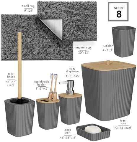 Clara Clark Bathroom Set - Grey Bathroom Accessories Set, 6PC Bathroom Accessory Set, Bathroom Sets with Bathroom Rugs, Toilet Brush, Trash Can & Soap Dispenser