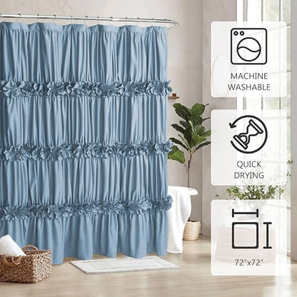 Homechoice Decor Dusty Blue Ruffle Shower Curtain, Vintage Handcrafted Bow Tie Bath Curtain for Master Bathroom, Ruched Microfiber Bathroom Curtain with 12 Buttonholes, 72" W x 72" H (LQ-10)