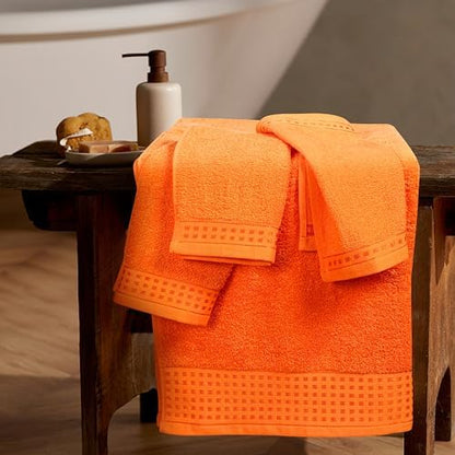 GLAMBURG Ultra Soft 3 Pack Cotton Towel Set, Contains a Bath Towel 28x55 inch, a Hand Towel 16x24 inch & a Wash Coth 12x12 inch, Ideal Everyday use, Compact & Lightweight - Orange