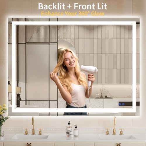 36"x48" LED Bathroom Mirror with Lights, Anti-Fog, Backlit + Front Lit, Shatter-Proof Tempered Glass