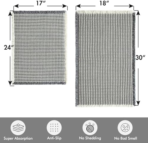 MIULEE Set of 2 Waffle Bathroom Rugs Dark Grey&Cream 17"x24"+18"x30"