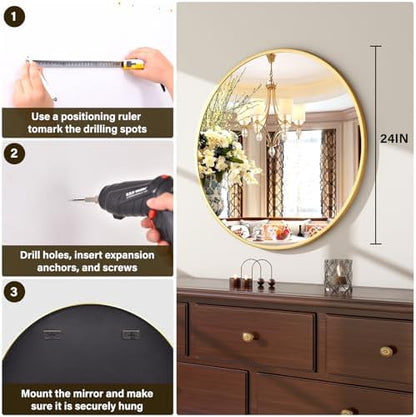 XRAMFY 24 Inch Round Mirror-Gold Circle Mirrors for Bathroom, Entryway