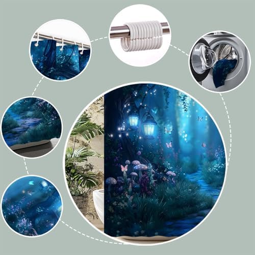 Fantasy Forest Path Shower Curtain Blue Fairy Magical Enchanted Misty Jungle Mushroom Floral Tree Butterfly Lantern Wonderland Bath Curtain Fabric Bathroom Accessories Decor with Hooks 60W x70L
