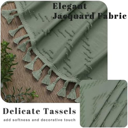 OWENIE Extra Long Sage Green Boho Shower Curtain, Chic Tufted Chevron Striped Textured Fabric Cloth Shower Curtains with Tassel for Bathroom, Soft Hotel Style Farmhouse, Machine Washable, 72x84