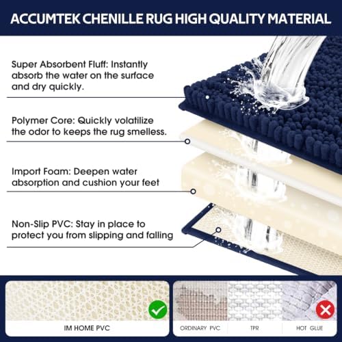 ACCUMTEK Upgrade Luxury 2 Piece Navy Blue Toilet Bathroom Rug Mat 32"x20"+24"x17", Ultra Soft Thick Absorbent Bath Mats, Non Slip Chenille Toilet Mat for Bathroom, Bedroom, Kitchen, Shower, Tub