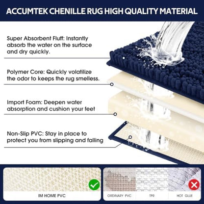 ACCUMTEK Upgrade Luxury 2 Piece Navy Blue Toilet Bathroom Rug Mat 60"x20"+32"x20", Ultra Soft Thick Absorbent Bath Mats, Non Slip Chenille Toilet Mat for Bathroom, Bedroom, Kitchen, Shower, Tub