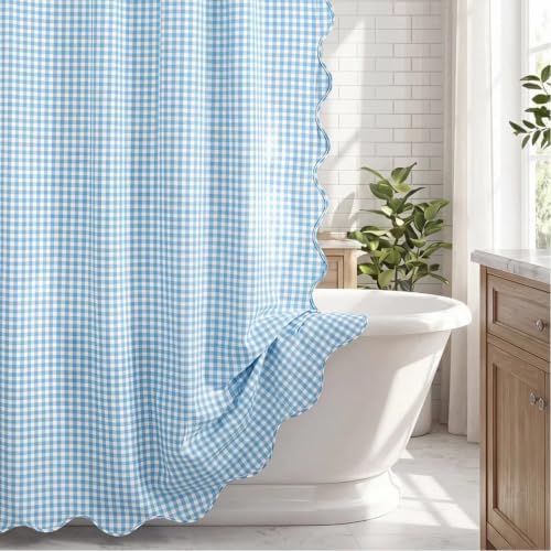 HunnmingRe Scalloped Gingham Shower Curtain Light Blue