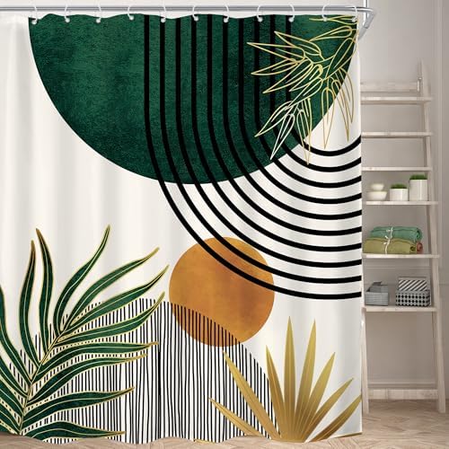 KOMLLEX Mid Century Green Boho Abstract Modern Bathroom Shower Curtain Set