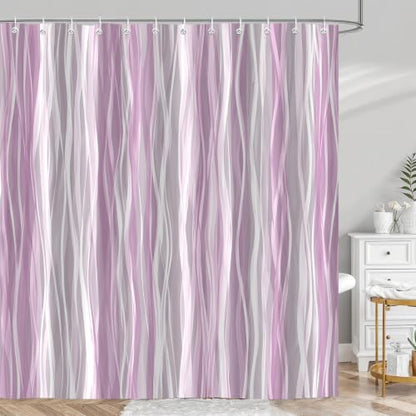 Moonslim Pink Grey Ombre Shower Curtain, Modern Wavy Abstract Striped Line Bathroom Curtain, Waterproof Fabric Bath Decor, 72 x 72 Inch