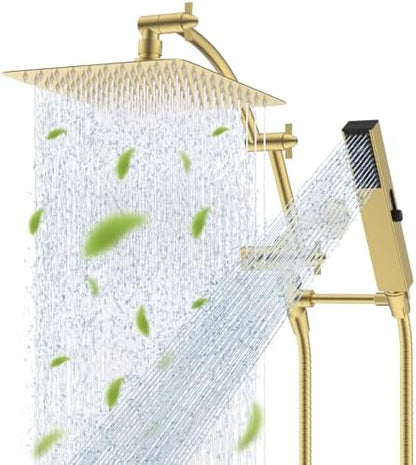 Hibbent All Metal CUPC Certified 10'' Rain Shower Head, Dual Shower Head Combo, High Pressure Handheld 4 Sprays Shower Wand, 16'' Adjustable Extension Arm, 71'' Hose, Shower Holder, Brushed Gold