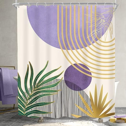 Mid Century Purple Green Boho Abstract Modern Bathroom Shower Curtain Set