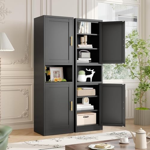 Tall Metal Narrow Bathroom Storage Cabinet 67" H, Tall Black Pantry Cabinets with 4 Adjustable Shelves and 2 Doors for Kitchen, Home Office, Living Room, Dining Room(16 inches Wide)