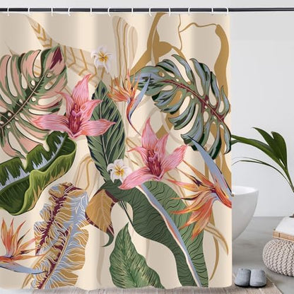 Tropical Shower Curtain Waterproof Fabric Bathroom Curtain with Hooks 72x72 inch, Colorful Floral Jungle Plant Leaf Bathroom Decor