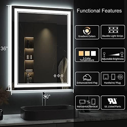 Lighted Mirror, 30x36 Inch Gradient Front and Backlit LED Mirror, 3 Colors Dimmable CRI>90 Double Lights, IP54 Enhanced Anti-Fog, Hanging Plates Wall Mount LED Bathroom Mirror