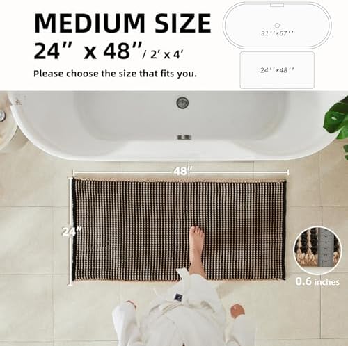 TYUU Waffle Bath Mat, Boho Bathroom Rugs Non Slip, 48x24 Khaki & Black