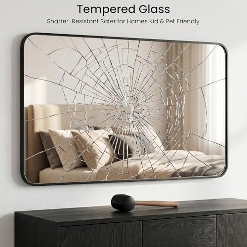 30x48 Inch Matte Black Rounded Rectangle Bathroom Vanity Mirror