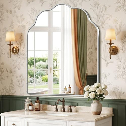 Scalloped Arched Mirror, 30×36Inch Silver Bathroom Mirror, Wavy Wall Mounted Vanity Mirror with Aluminum Alloy Frame for Livingroom Bedroom and Entryway, Tempered Glass
