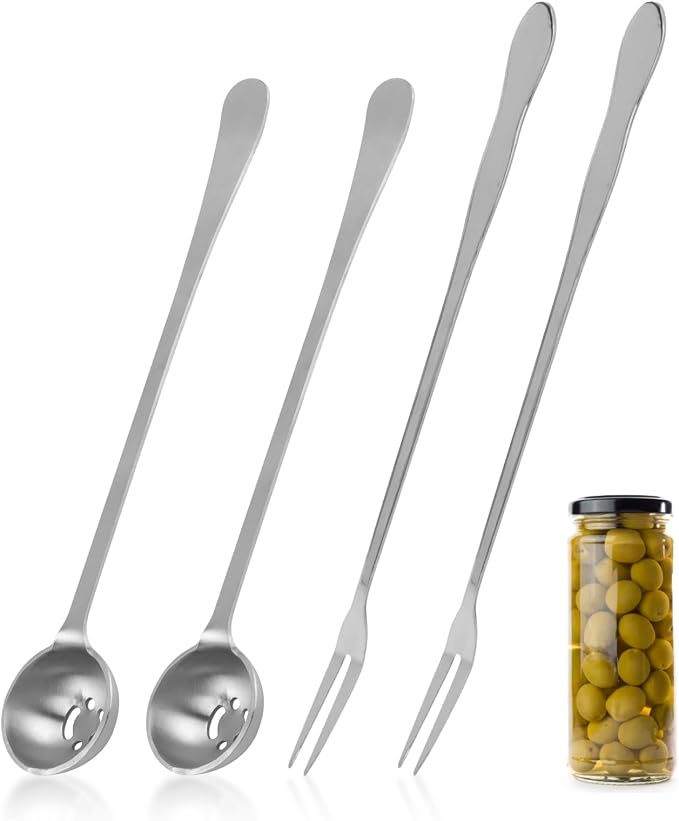 4 Pcs Pickle Fork and Olive Spoon Set, 7.48Inch Olive Spoons with Holes, 8.07Inch Pickle Forks, for the Jar, Suitable for Olives Pickles Onion Cucumber(COLOR:Silver)