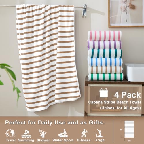 JML Microfiber Bath Towel Sets, 4 Pack, 27" x 55", Cabana Stripe Coffee