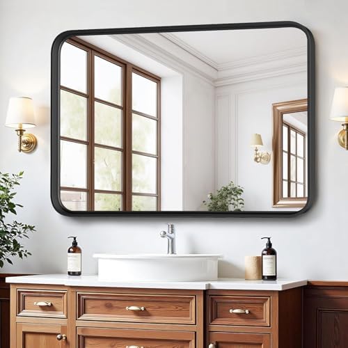 Bathroom Mirror for Wall, 30x22 Inch Rectangle Mirror, Matte Black Metal Framed Bathroom Vanity Mirror for Restroom Farmhouse, Anti-Rust, Tempered Glass, Horizontally or Vertically Hanging