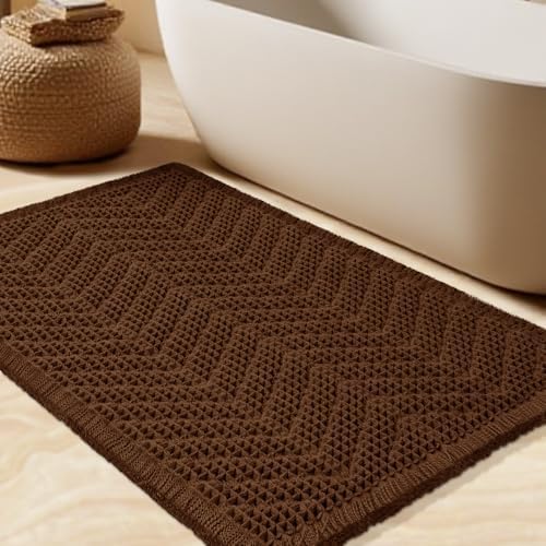 Waffle Bath Mat, Boho Woven Modern Bath Rug Absorbent Non Slip, Ultra Soft Bathroom Mats, Machine Washable Knit Bath Rugs with Herringbones for Bathroom, Bedroom, Kitchen, Shower, Tub, 36"x24", Brown