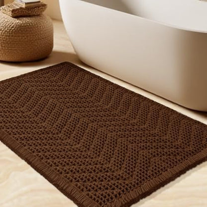 Waffle Bath Mat, Boho Woven Modern Bath Rug Absorbent Non Slip, Ultra Soft Bathroom Mats, Machine Washable Knit Bath Rugs with Herringbones for Bathroom, Bedroom, Kitchen, Shower, Tub, 32"x20", Brown