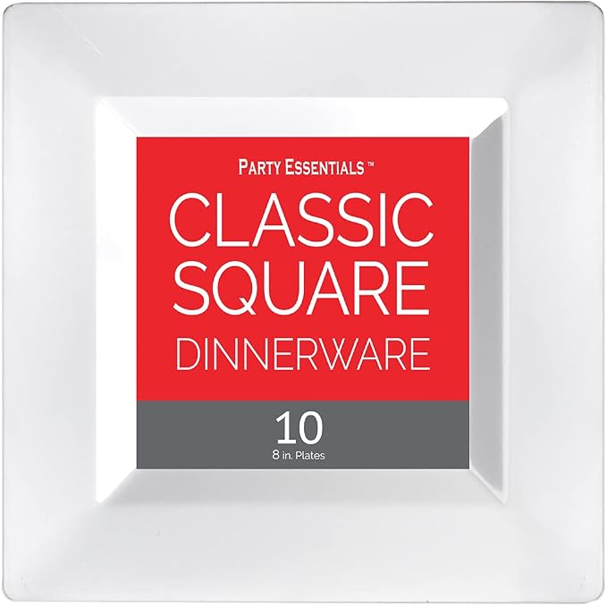 Party Essentials Party Supplies Disposable Classic Square Plastic Plates For Wedding/All Occasions, 8", 10-Count, White