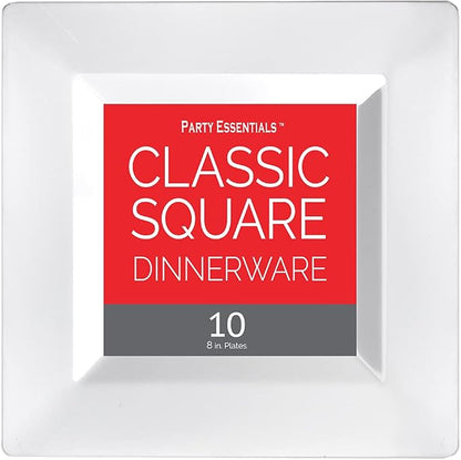 Party Essentials Party Supplies Disposable Classic Square Plastic Plates For Wedding/All Occasions, 8", 10-Count, White
