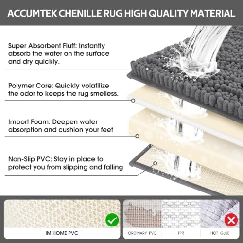 Upgrade Luxury 2 Piece Dark Gray Toilet Bathroom Rug Mat U Shape 24"x20"+48"x20", Ultra Soft Thick Absorbent Bath Mats, Non Slip Chenille Toilet Mat for Bathroom, Bedroom, Kitchen, Shower, Tub