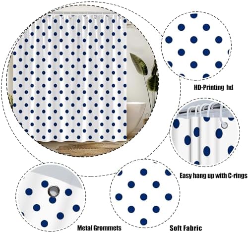Polka Dot Shower Curtain Blue White Retro Spot Vintage Fabric Decorative Bathroom Curtains with Hooks,67" Wx70 H