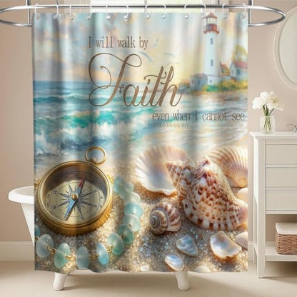 Luxury Beach Ocean Shower Curtain Modern Nautical Seashell Lighthouse