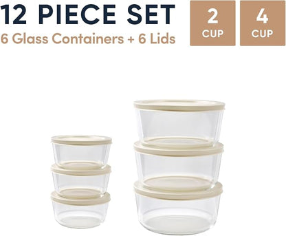 12-Piece Glass Food Storage Containers Set (6 Containers + 6 BPA-Free Lids) | 2-Cup & 4-Cup, Leakproof | Microwave, Freezer, Oven & Dishwasher Safe | Ideal for Meal Prep & Pantry Organization, Beige