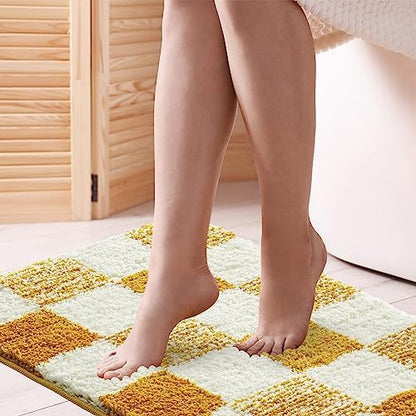 CozeCube Harvest Gold Checkered Bath Mat 47"x24" Non Slip Washable Rug