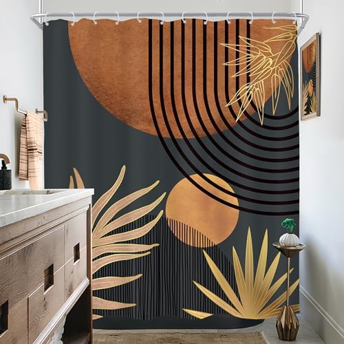 Mid Century Brown Black Boho Abstract Modern Bathroom Shower Curtain Set