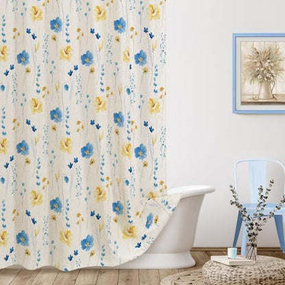 Gibelle BlueYellow Linen Watercolor Floral Fabric Shower Curtain, 72x72