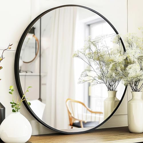 Sunniry Round Mirror 28 inch, Round Black Mirror, Matte Black Metal Frame