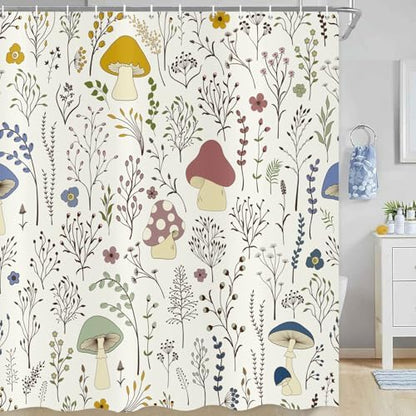 deFouliao Mushroom Shower Curtain, Boho Floral Waterproof Shower Curtain for Bathroom Bathtub Home Curtain Decor with Hooks, Machine Washable, 65''Wx72''L