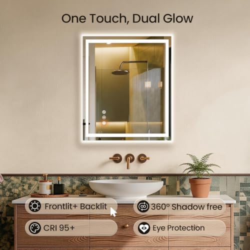24"x30" LED Bathroom Mirror with Anti-Fog, Backlit & Front Lights, Memory