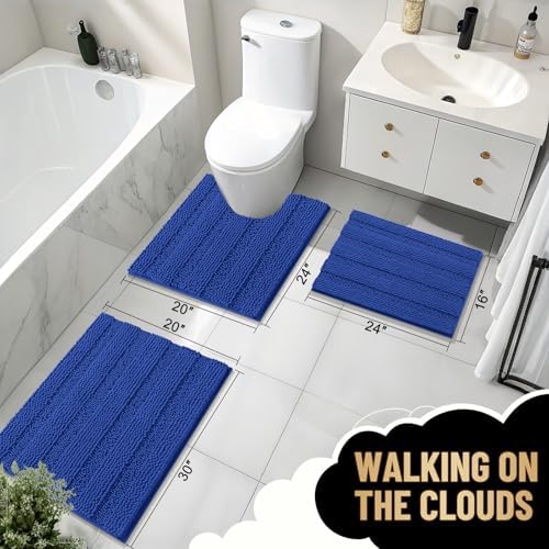 OLANLY Thick Bathroom Rugs 30x20, Chenille Striped Bath Rugs, Royal Blue