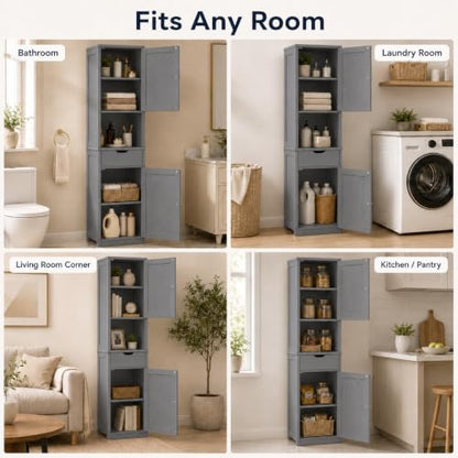Walsunny Tall Bathroom Storage Cabinet with 6 Adjustable Shelves, Gray
