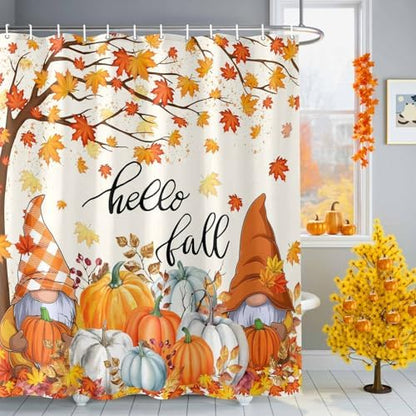 Shower Curtain Bathroom Set Autumn Gnome Orange Maple Tree Waterproof Shower Curtains with Grommets Hooks Thanksgiving Pumpkin Watercolor Privacy Bath Curtain for Bathtub Decor 72x78in
