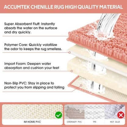 ACCUMTEK Upgrade Luxury 2 Piece Coral Toilet Bathroom Rug Mat 48"x20"+24"x17", Ultra Soft Thick Absorbent Bath Mats, Non Slip Chenille Toilet Mat for Bathroom, Bedroom, Kitchen, Shower, Tub