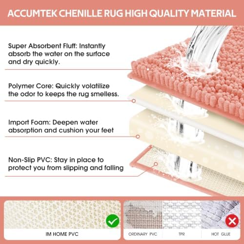 ACCUMTEK Upgrade Extra Large Coral Bathroom Rug Set 3 Pieces Ultra Soft, Thick Absorbent Bath Mats, Non Slip Chenille Toilet Mat for Bathroom, Bedroom, Kitchen