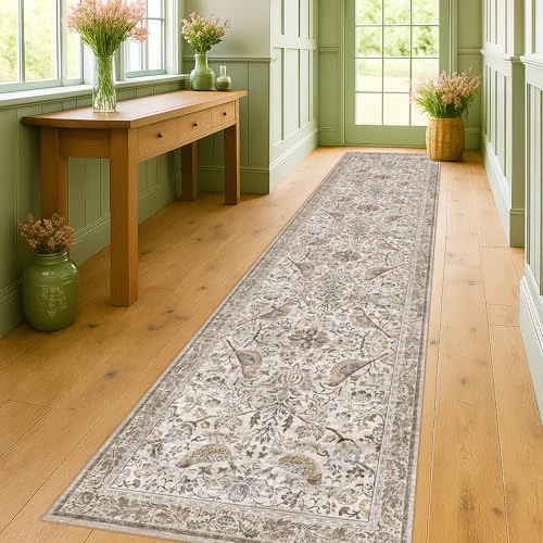 Boho 2x10 Moss Green Hallway Runner Rug 10 ft, Washable Extra Long Runner Rugs for Entrance Floor, Stain Resistant Vintage Brown Taupe Floral Design Carpet for Kitchen, Low Pile & Soft
