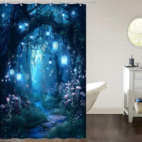 Fantasy Forest Path Shower Curtain Blue Fairy Magical Enchanted Misty Jungle Mushroom Floral Tree Butterfly Lantern Wonderland Bath Curtain Fabric Bathroom Accessories Decor with Hooks 47W x70L