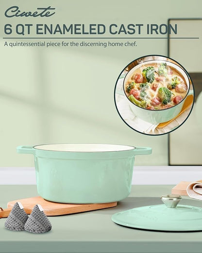 Ciwete 6 QT Dutch Oven Pot with Lid, Enameled Cast Iron Dutch Oven for Bread Making, Braiser, Cooking, Dual Handles, Oven Safe up to 500° F or on Stovetop, Gifts for Family - Mint Green
