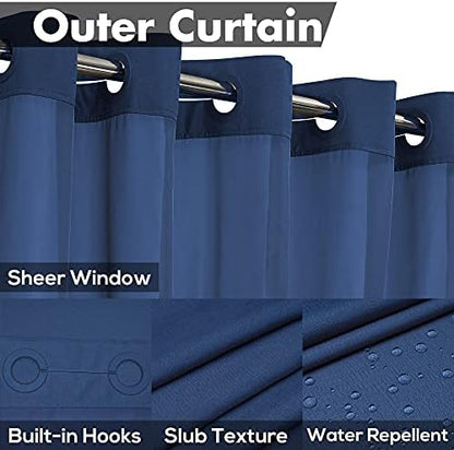 River Dream No Hook Shower Curtain with Snap-in Liner Set, Navy Blue, 71x74